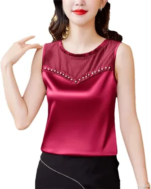 Fashion Women Beaded Tank Top Summer Silk Satin Shirt Round Neck Sleeveless Camisole
