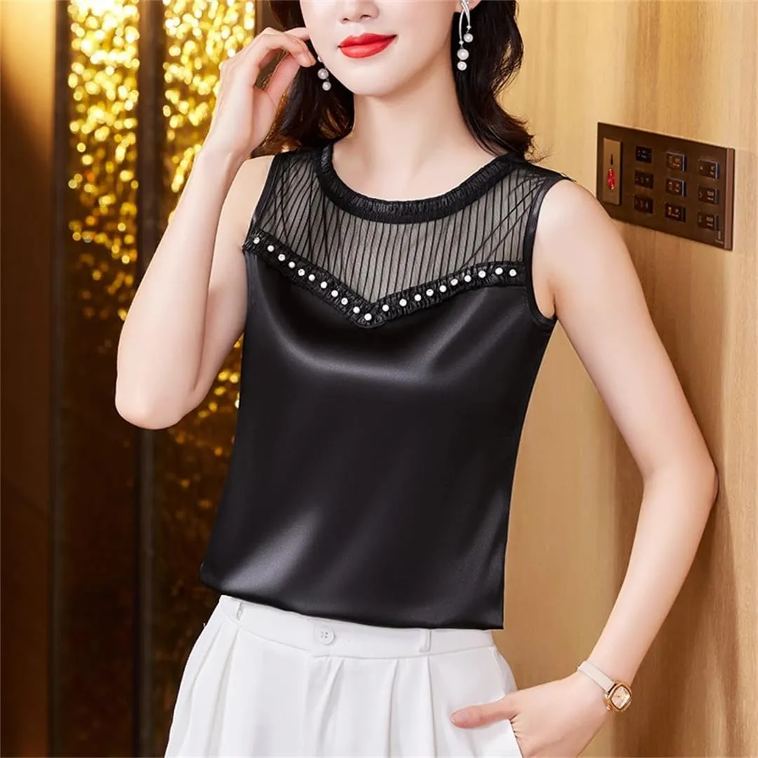 Fashion Women Beaded Tank Top Summer Silk Satin Shirt Round Neck Sleeveless Camisole
