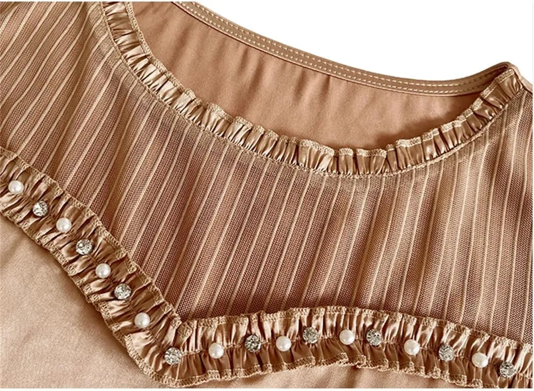 Fashion Women Beaded Tank Top Summer Silk Satin Shirt Round Neck Sleeveless Camisole