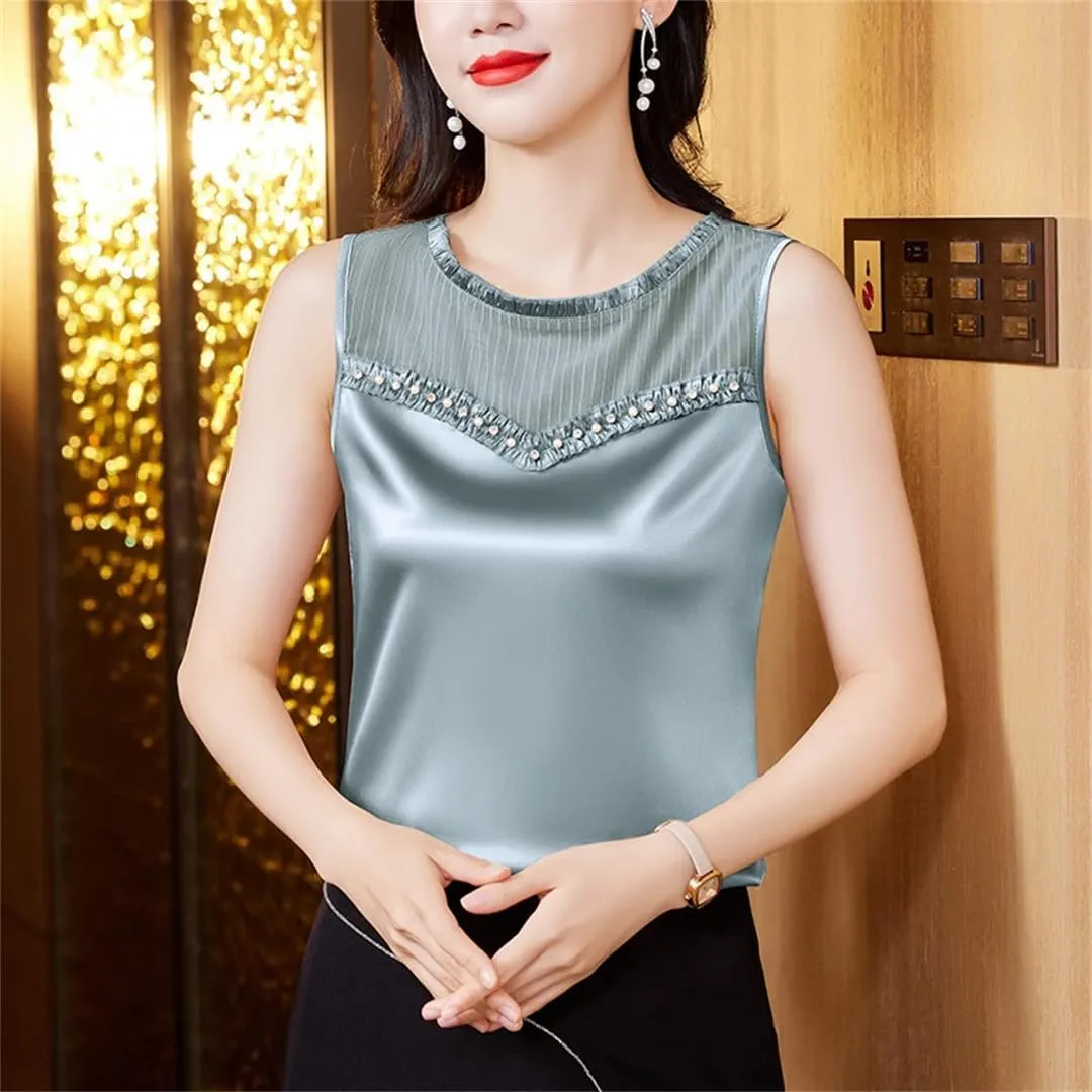 Fashion Women Beaded Tank Top Summer Silk Satin Shirt Round Neck Sleeveless Camisole