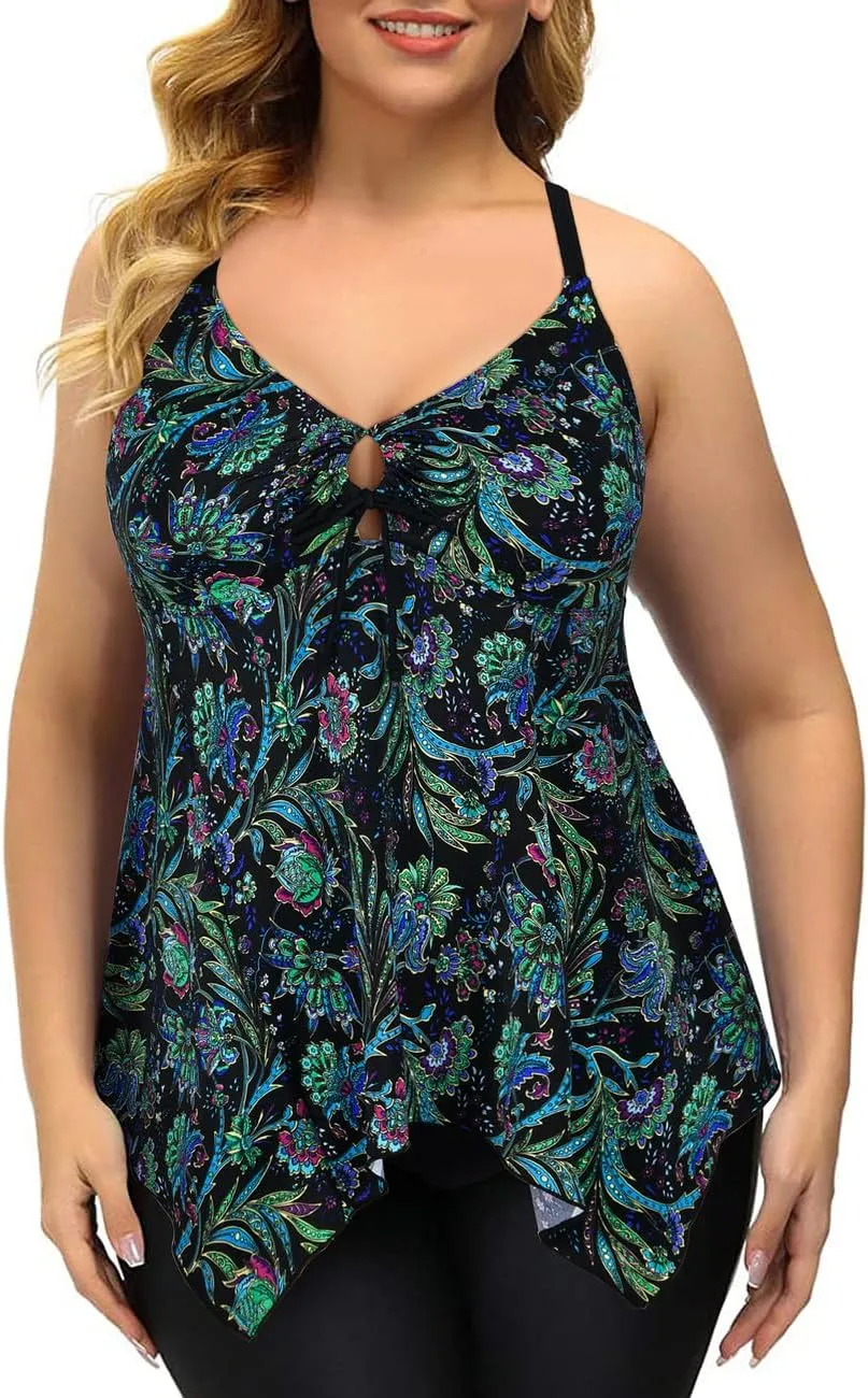 Firpearl Women's Tankini Swimsuits Modest Flowy Crossback Plus Size Bathing Suit Top