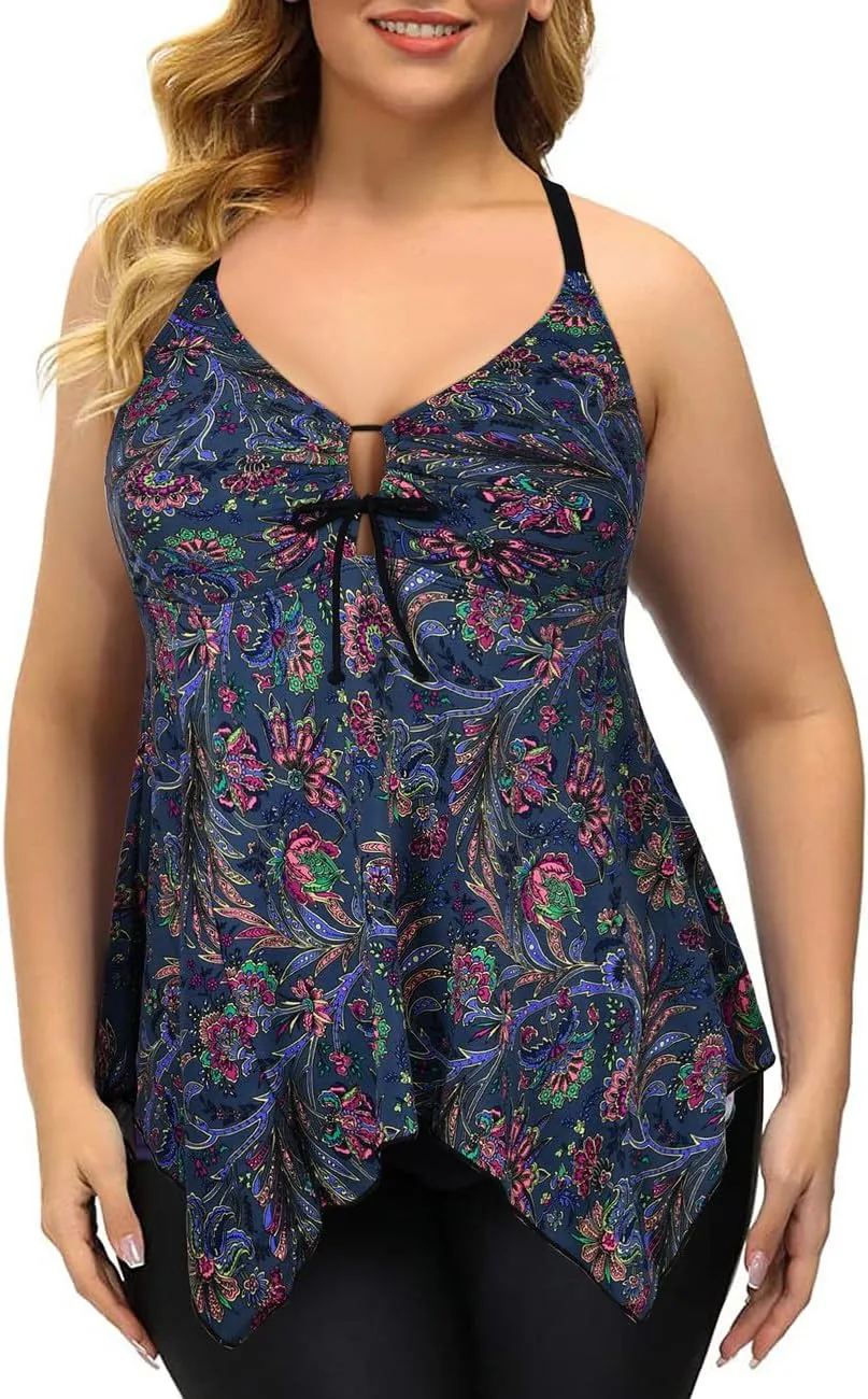 Firpearl Women's Tankini Swimsuits Modest Flowy Crossback Plus Size Bathing Suit Top