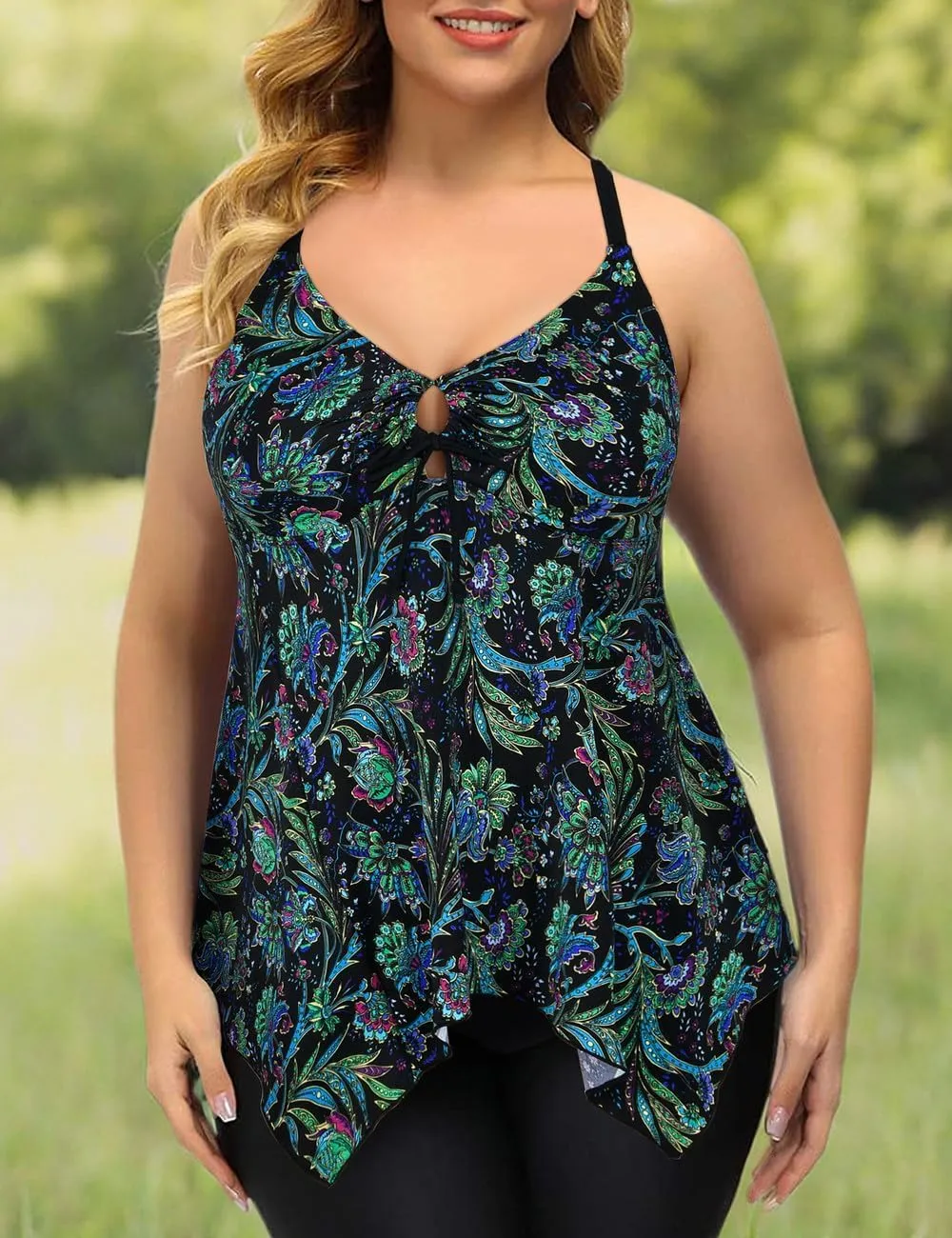 Firpearl Women's Tankini Swimsuits Modest Flowy Crossback Plus Size Bathing Suit Top