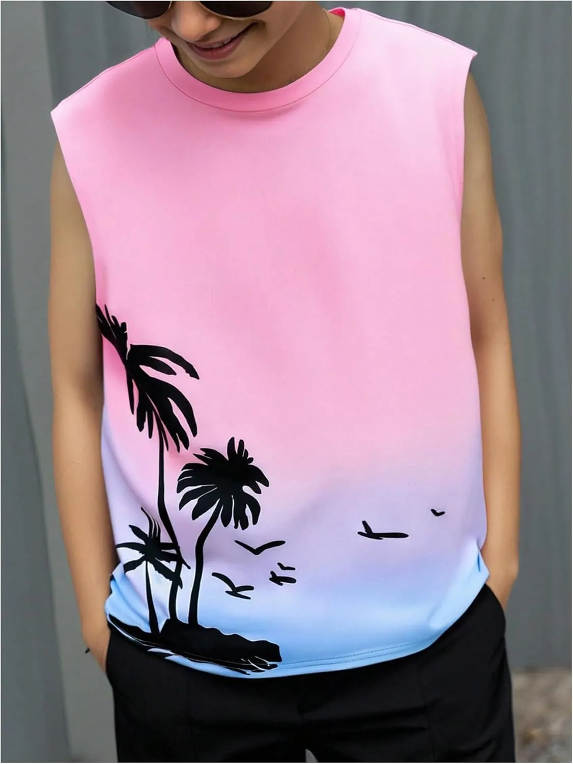 Floerns Boy's Tie Dye Sleeveless Tank Top Crewneck Hawaiian Tree Print Shirts