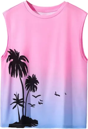 Floerns Boy's Tie Dye Sleeveless Tank Top Crewneck Hawaiian Tree Print Shirts