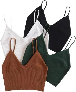 Floerns Women's 4 Piece Solid Camisole Spaghetti Strap Slim Fit Crop Cami Top