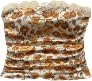 Floerns Women's Allover Print Lace Trim Bowknot Strapless Bandeau Ruched Crop Tube Top