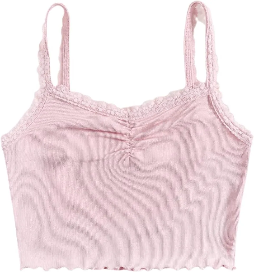 Floerns Women's Contrast Lace Spaghetti Strap Ruched Rib Knit Cami Crop Top