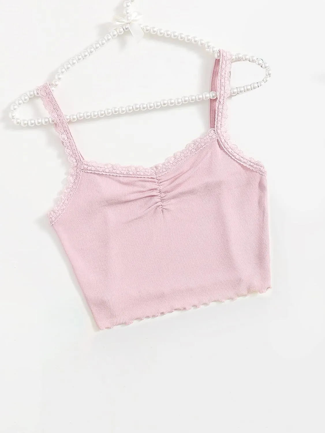 Floerns Women's Contrast Lace Spaghetti Strap Ruched Rib Knit Cami Crop Top