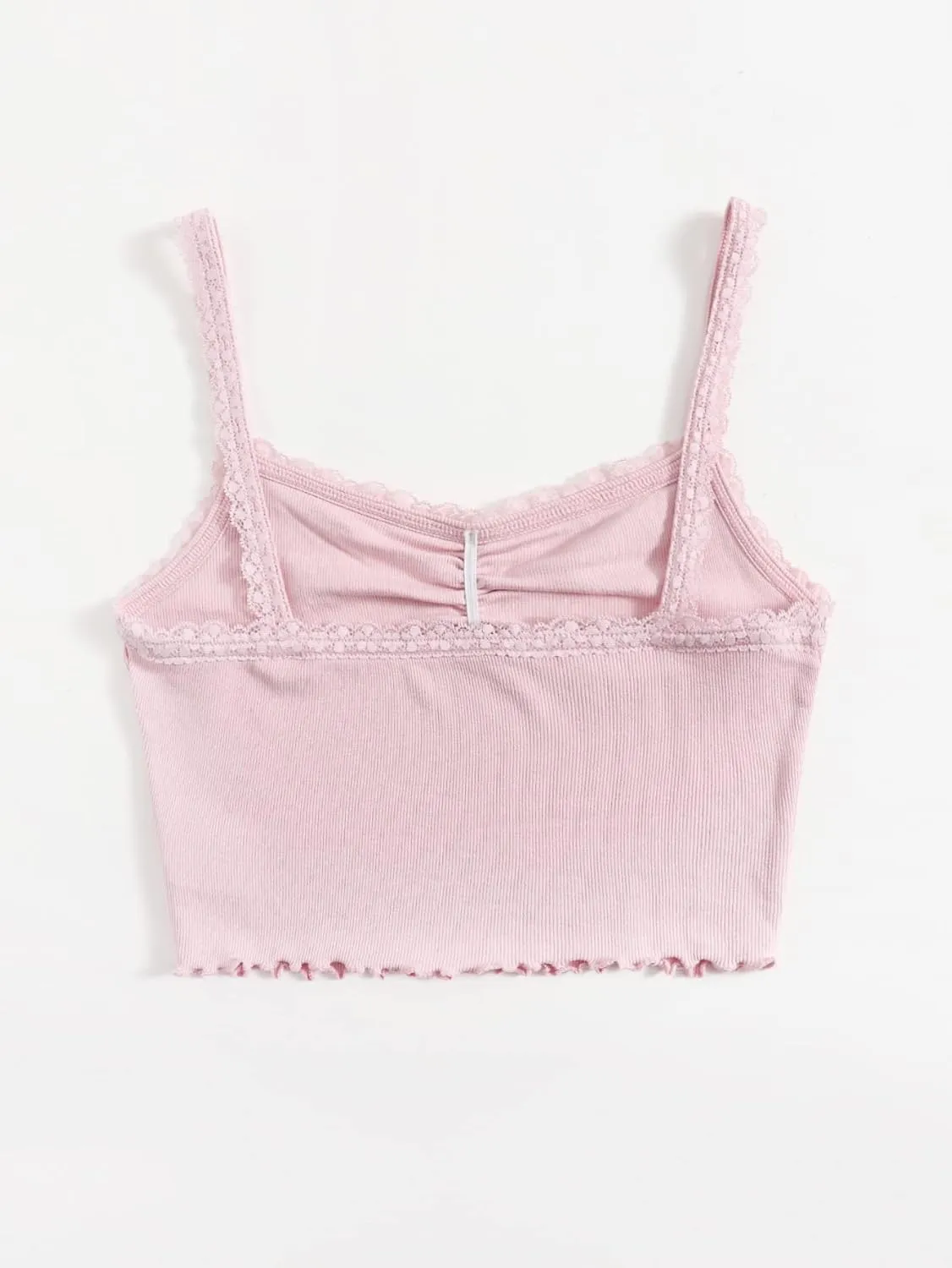 Floerns Women's Contrast Lace Spaghetti Strap Ruched Rib Knit Cami Crop Top