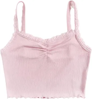 Floerns Women's Contrast Lace Spaghetti Strap Ruched Rib Knit Cami Crop Top