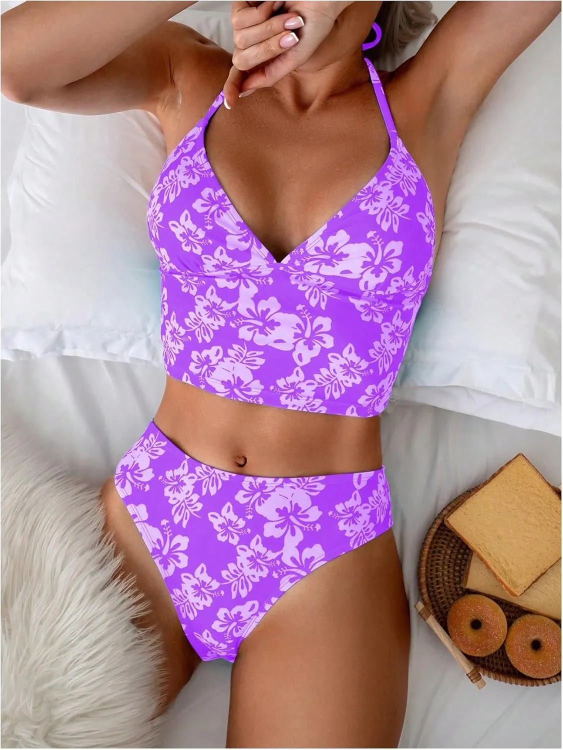 Floerns Women's Floral Print Halter Neck Tankini Top Two Piece Bathing Swimsuit