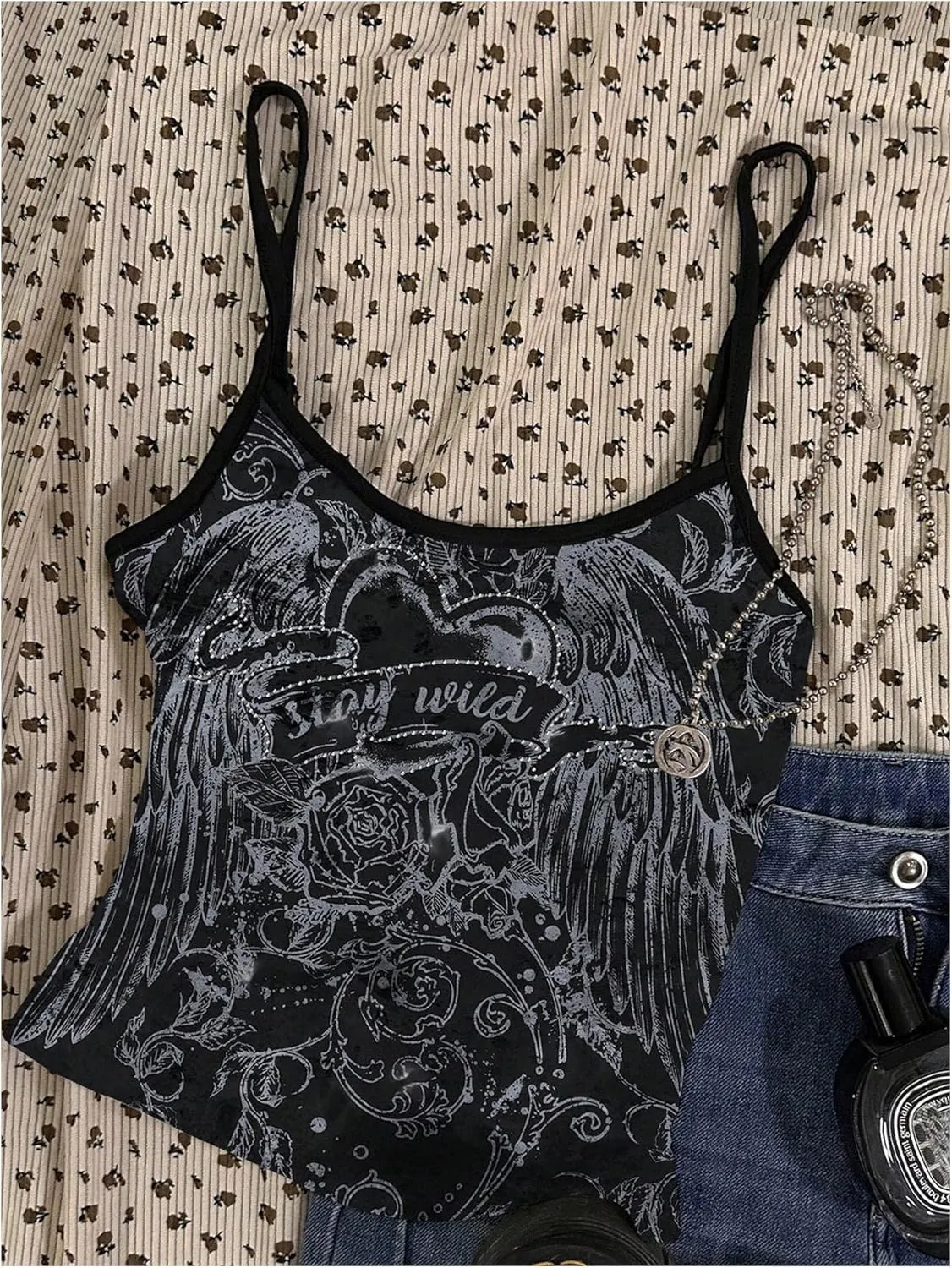 Floerns Women's Goth Sleeveless Camisole Rhinestone Rib Knit Y2k Crop Cami Top