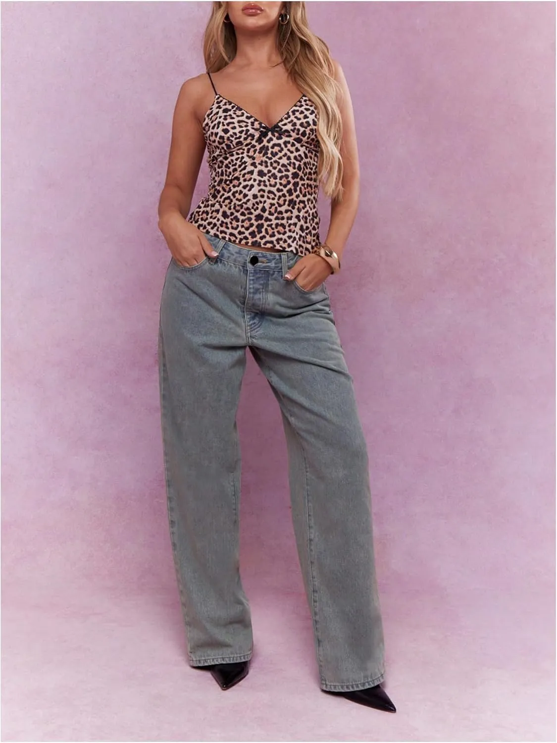 Floerns Women's Leopard Print Sleeveless Camisole V Neck Bowknot Cute Cami Top