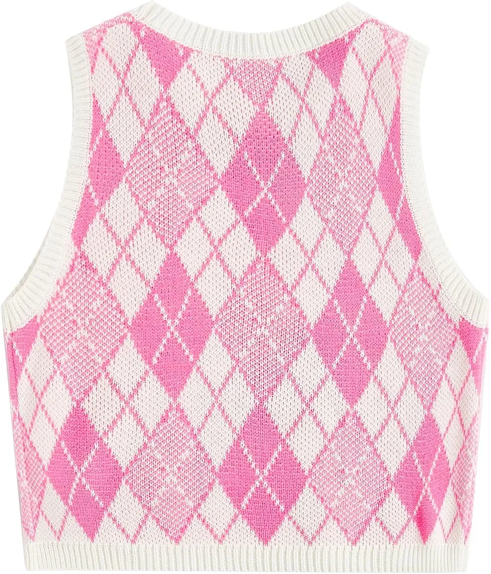 Floerns Women's Sleeveless Round Neck Argyle Pattern Sweater Vest Knit Crop Top