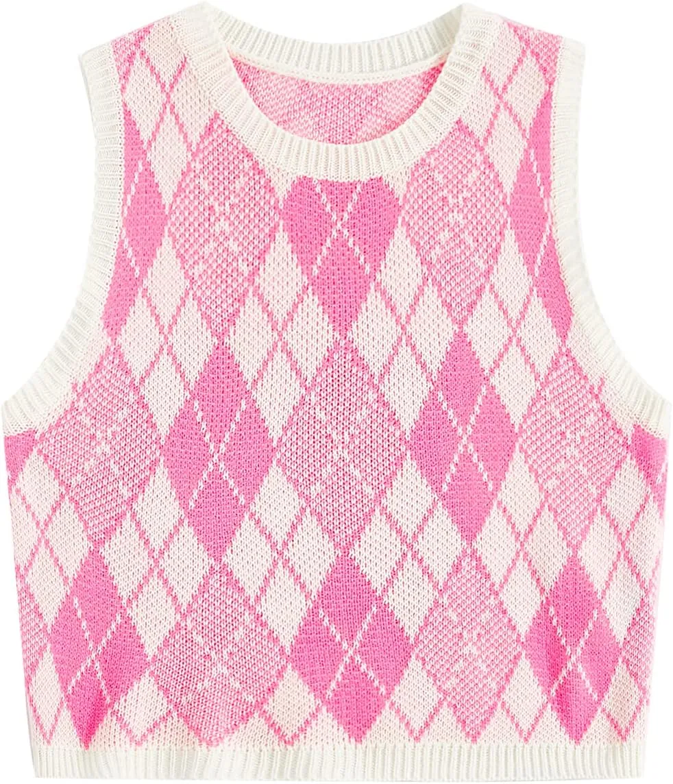 Floerns Women's Sleeveless Round Neck Argyle Pattern Sweater Vest Knit Crop Top