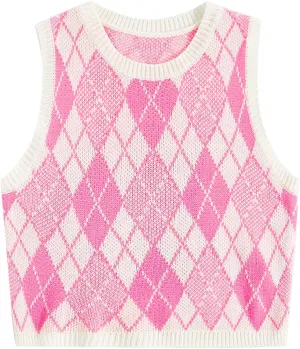Floerns Women's Sleeveless Round Neck Argyle Pattern Sweater Vest Knit Crop Top
