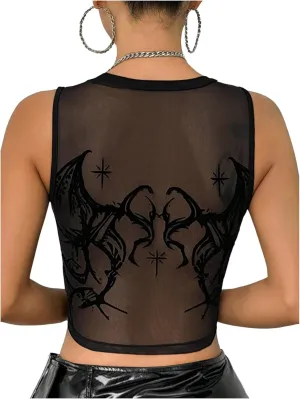 Floerns Women's Sleeveless Y2k Crop Tops Mesh Sheer Crew Neck Graphic Tank Top