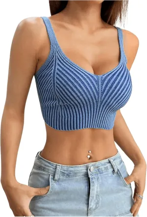 Floerns Women's Spaghetti Strap Knit Crop Cami Top Striped Sleeveless Camisole Tops