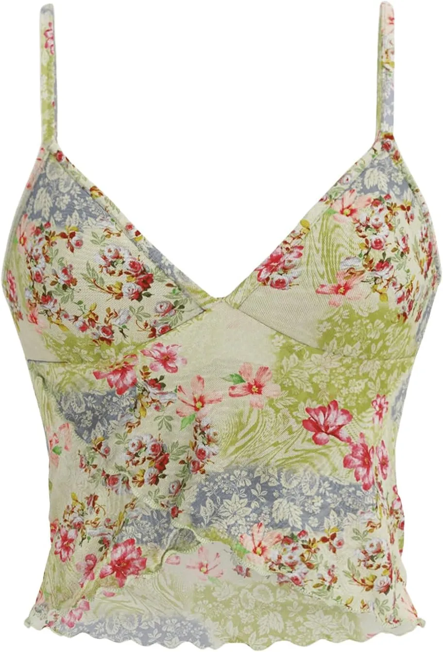 Floerns Women's Summer Floral Printed Spaghetti Strap Camisole Top V Neck Cropped Cami