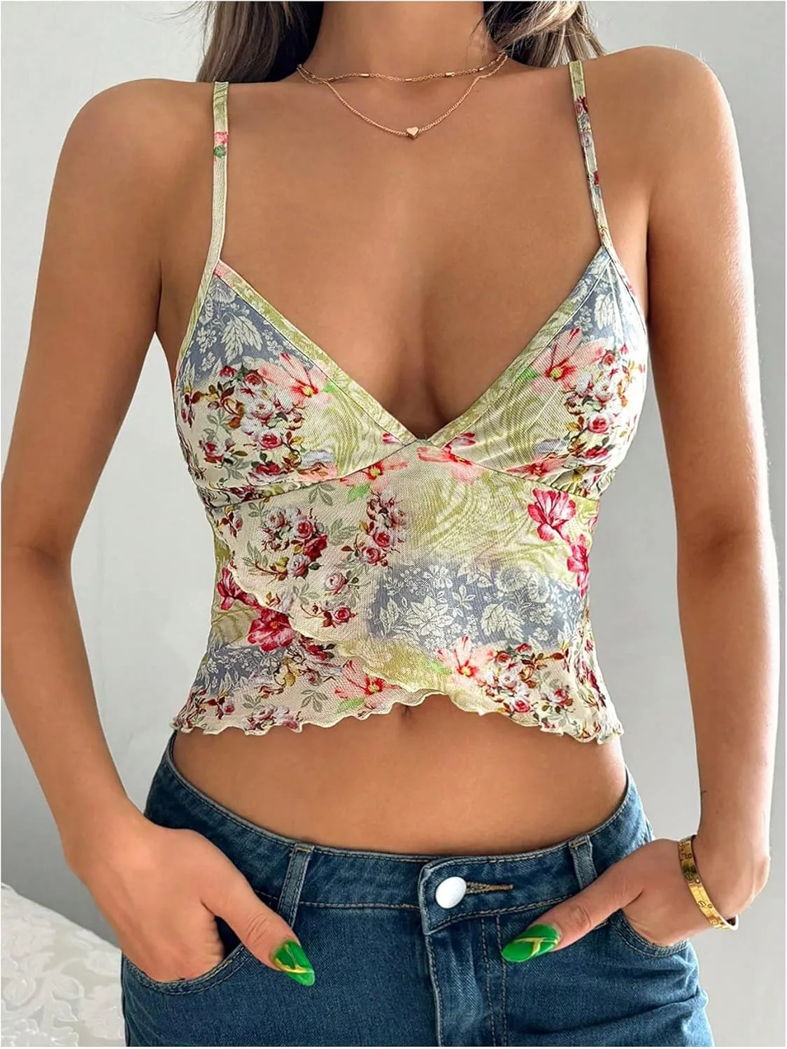 Floerns Women's Summer Floral Printed Spaghetti Strap Camisole Top V Neck Cropped Cami