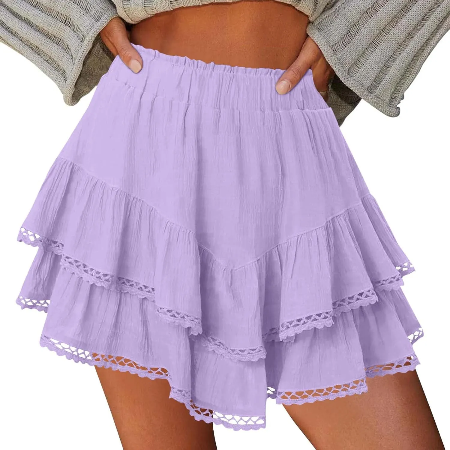 Flowy Shorts for Women Casual Boho Ruffle Tiered Skorts High Waist Mini Skirt Golf Tennis Crochet Lace Trim Shorts