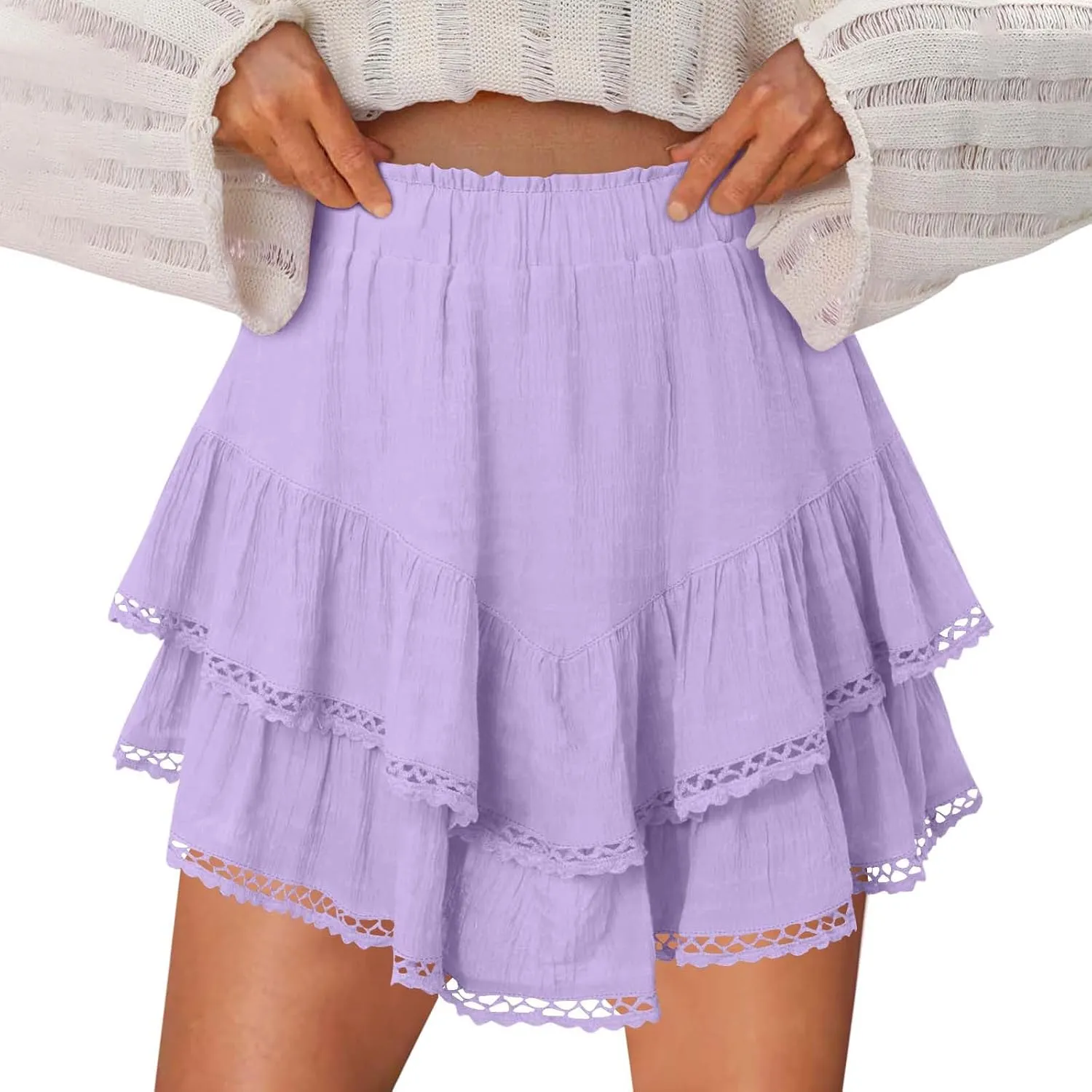 Flowy Shorts for Women Casual Boho Ruffle Tiered Skorts High Waist Mini Skirt Golf Tennis Crochet Lace Trim Shorts