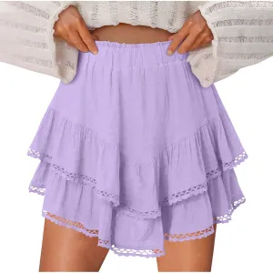 Flowy Shorts for Women Casual Boho Ruffle Tiered Skorts High Waist Mini Skirt Golf Tennis Crochet Lace Trim Shorts