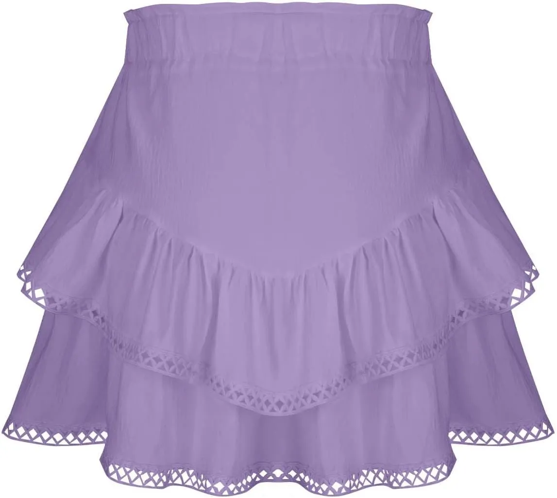 Flowy Shorts for Women Casual Boho Ruffle Tiered Skorts High Waist Mini Skirt Golf Tennis Crochet Lace Trim Shorts