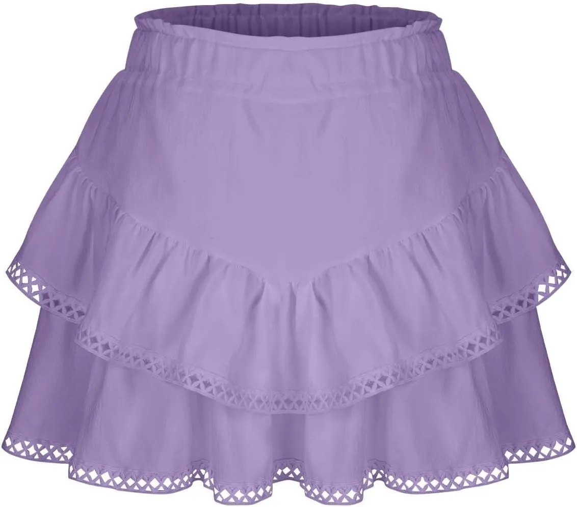 Flowy Shorts for Women Casual Boho Ruffle Tiered Skorts High Waist Mini Skirt Golf Tennis Crochet Lace Trim Shorts