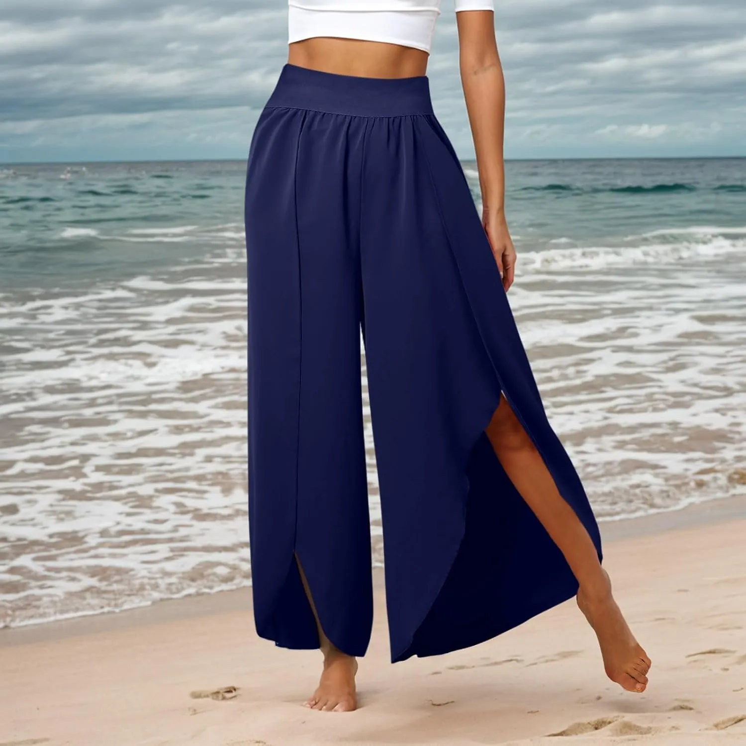 Flowy Wide Leg Pants for Women High Waisted Split Yoga Pants Loose Casual Palazzo Pants Stretch Dress Lounge Beach Pants