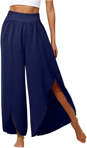 Flowy Wide Leg Pants for Women High Waisted Split Yoga Pants Loose Casual Palazzo Pants Stretch Dress Lounge Beach Pants