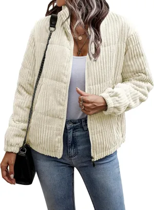 Flygo Corduroy Puffer Jacket Women Quilted Jackets Lightweight Baggy Zip Spring Fall Jackets Coats 2024