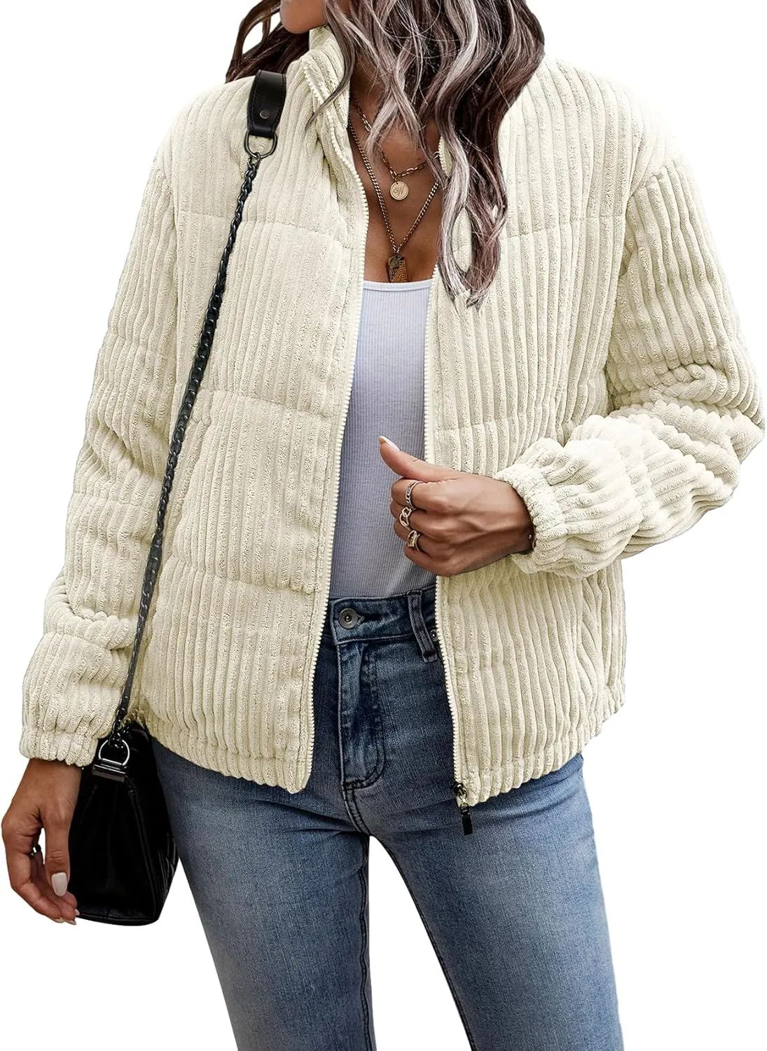 Flygo Corduroy Puffer Jacket Women Quilted Jackets Lightweight Baggy Zip Spring Fall Jackets Coats 2024