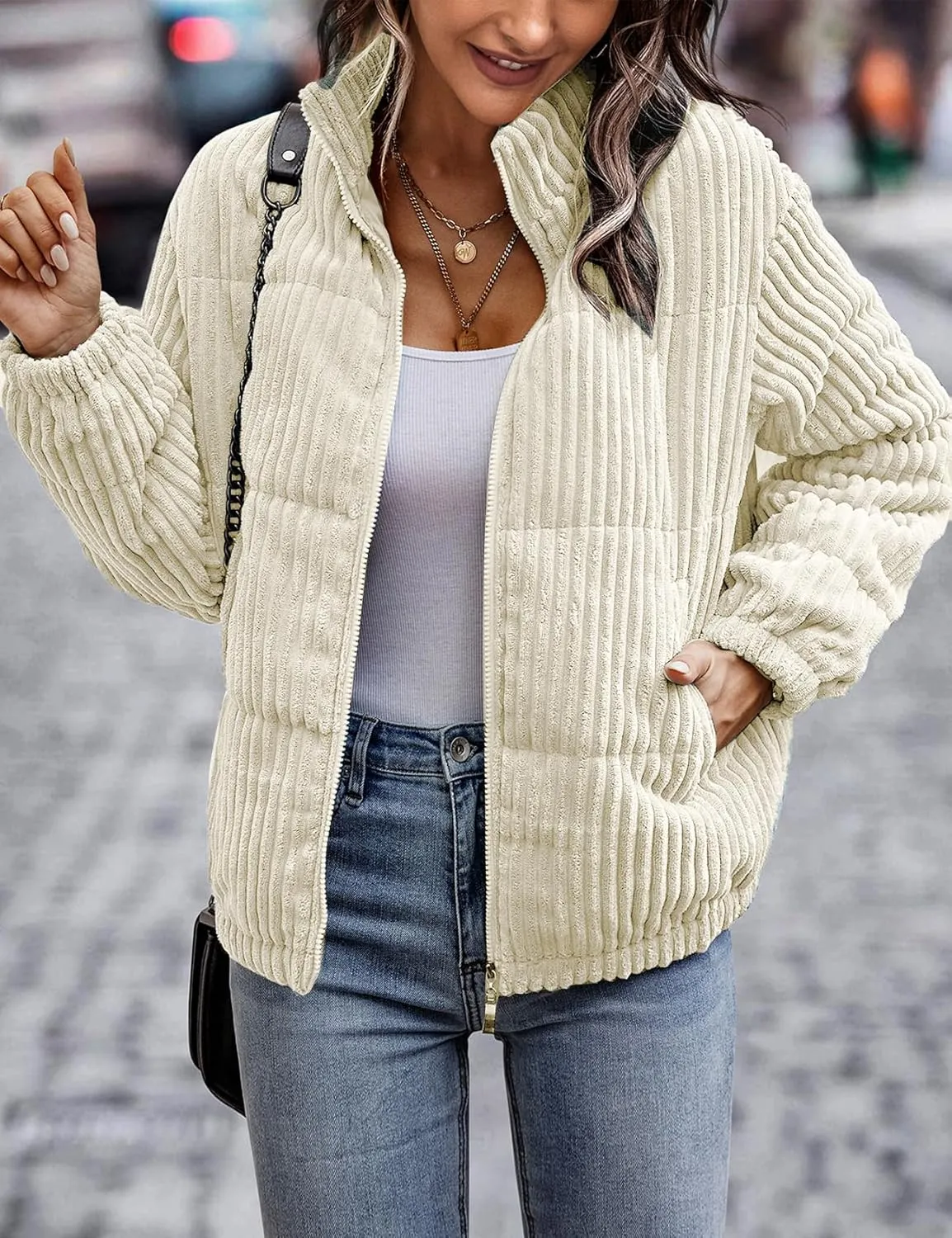 Flygo Corduroy Puffer Jacket Women Quilted Jackets Lightweight Baggy Zip Spring Fall Jackets Coats 2024