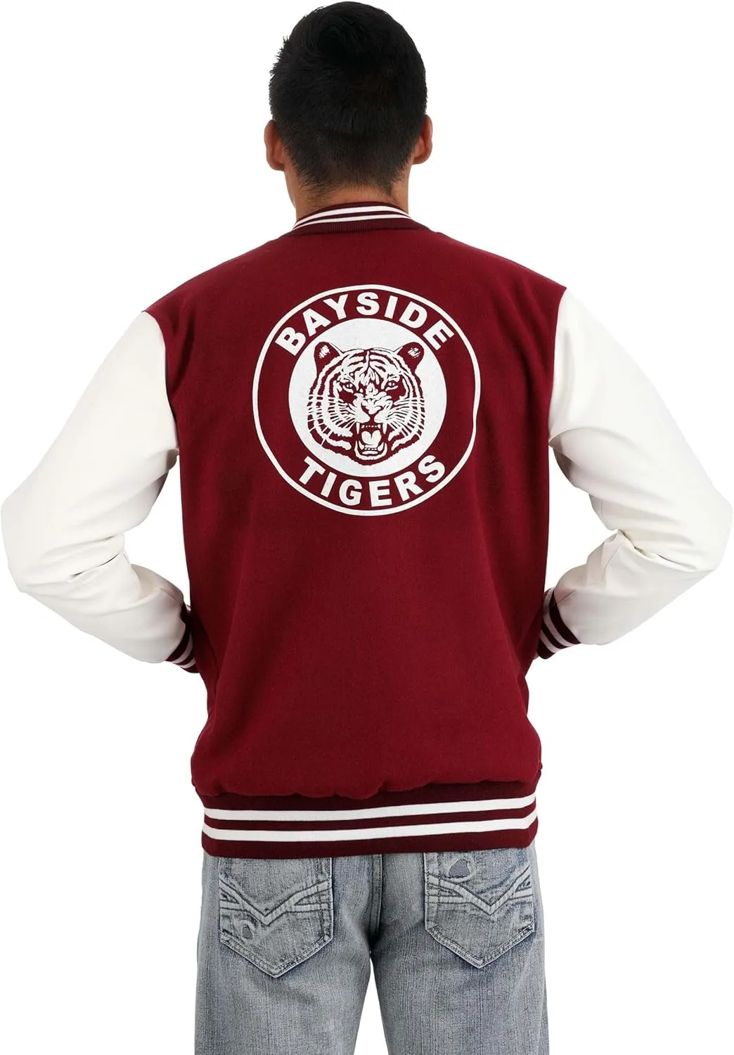 Fun Costumes Bayside High Letterman's Jacket for Adults Polyester, Faux Leather, Rib Knit Fabrics Metal Snaps