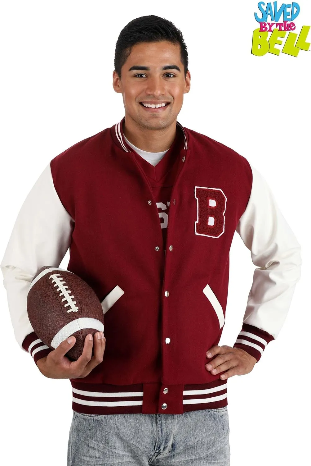 Fun Costumes Bayside High Letterman's Jacket for Adults Polyester, Faux Leather, Rib Knit Fabrics Metal Snaps