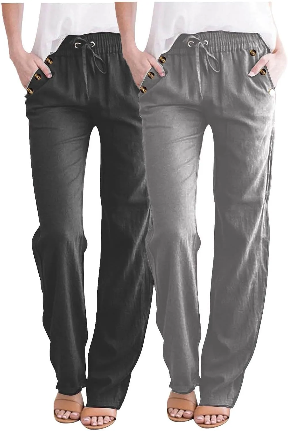 FZYLQY 2PC Womens Casual Loose Elastic Waist Linen Pants 2025 Loose Fit Trousers with Pockets Loose Flowy Yoga Sweatpants