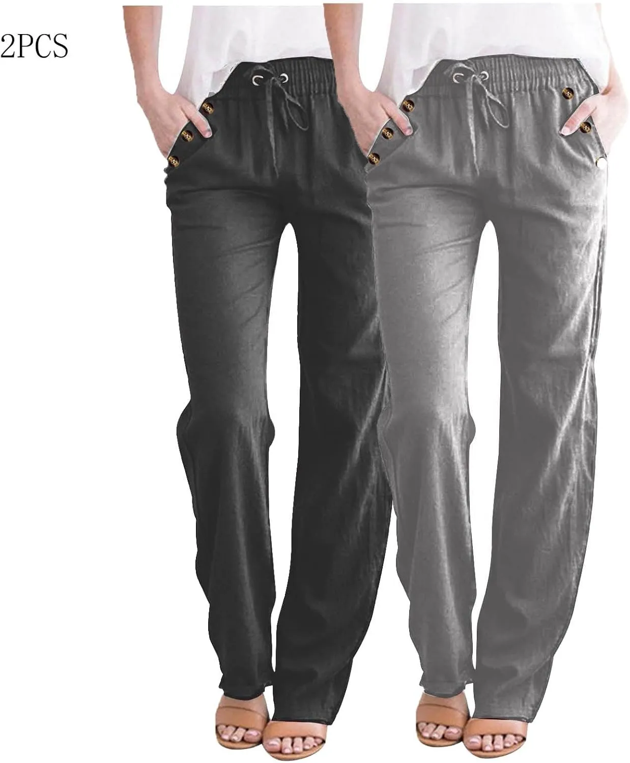 FZYLQY 2PC Womens Casual Loose Elastic Waist Linen Pants 2025 Loose Fit Trousers with Pockets Loose Flowy Yoga Sweatpants