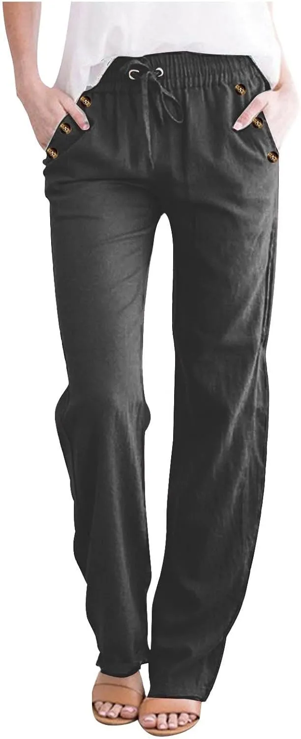 FZYLQY 2PC Womens Casual Loose Elastic Waist Linen Pants 2025 Loose Fit Trousers with Pockets Loose Flowy Yoga Sweatpants