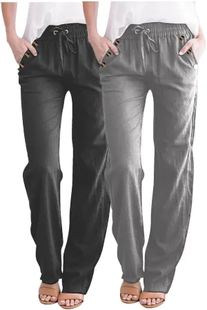 FZYLQY 2PC Womens Casual Loose Elastic Waist Linen Pants 2025 Loose Fit Trousers with Pockets Loose Flowy Yoga Sweatpants