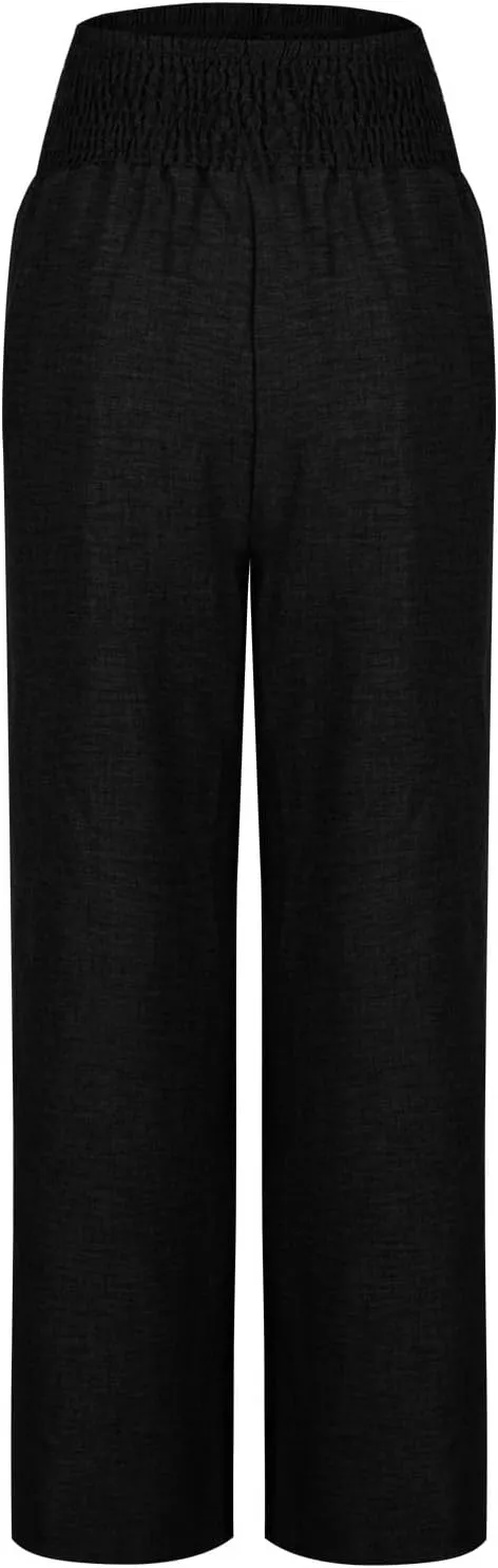 FZYLQY Linen Pants Womens Wide Leg High Waisted Palazzo Pants Belted Wide Leg Trousers with Pockets Casual Beach Trousers