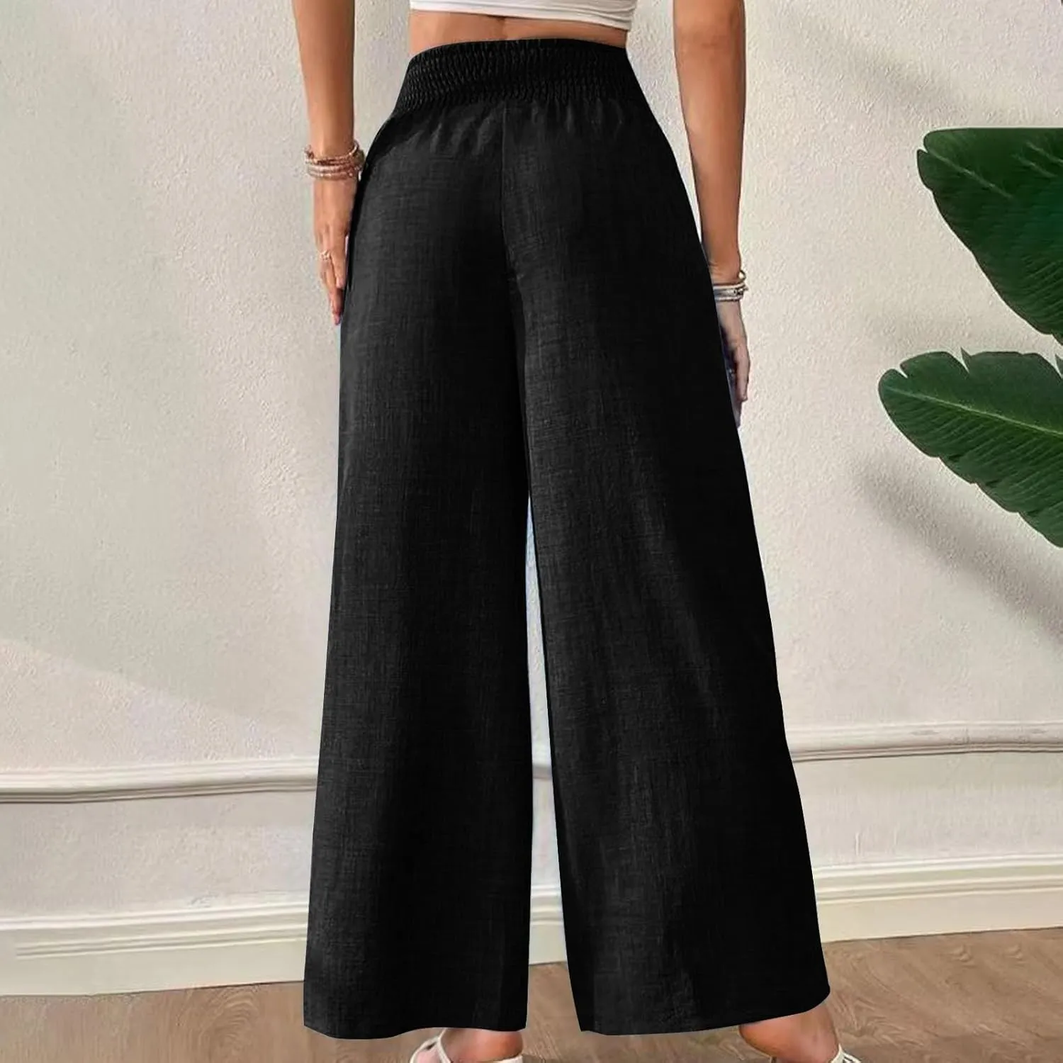 FZYLQY Linen Pants Womens Wide Leg High Waisted Palazzo Pants Belted Wide Leg Trousers with Pockets Casual Beach Trousers