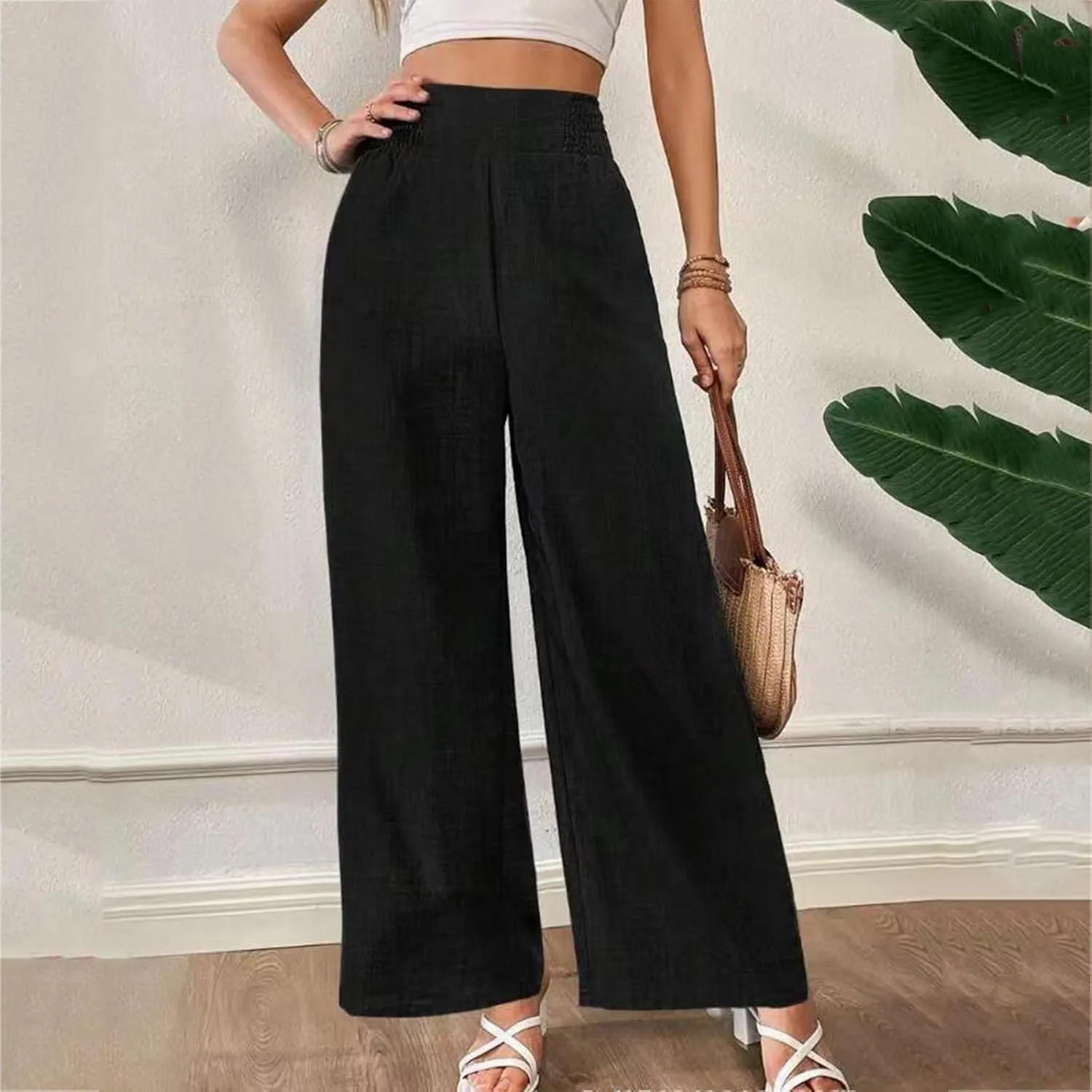 FZYLQY Linen Pants Womens Wide Leg High Waisted Palazzo Pants Belted Wide Leg Trousers with Pockets Casual Beach Trousers