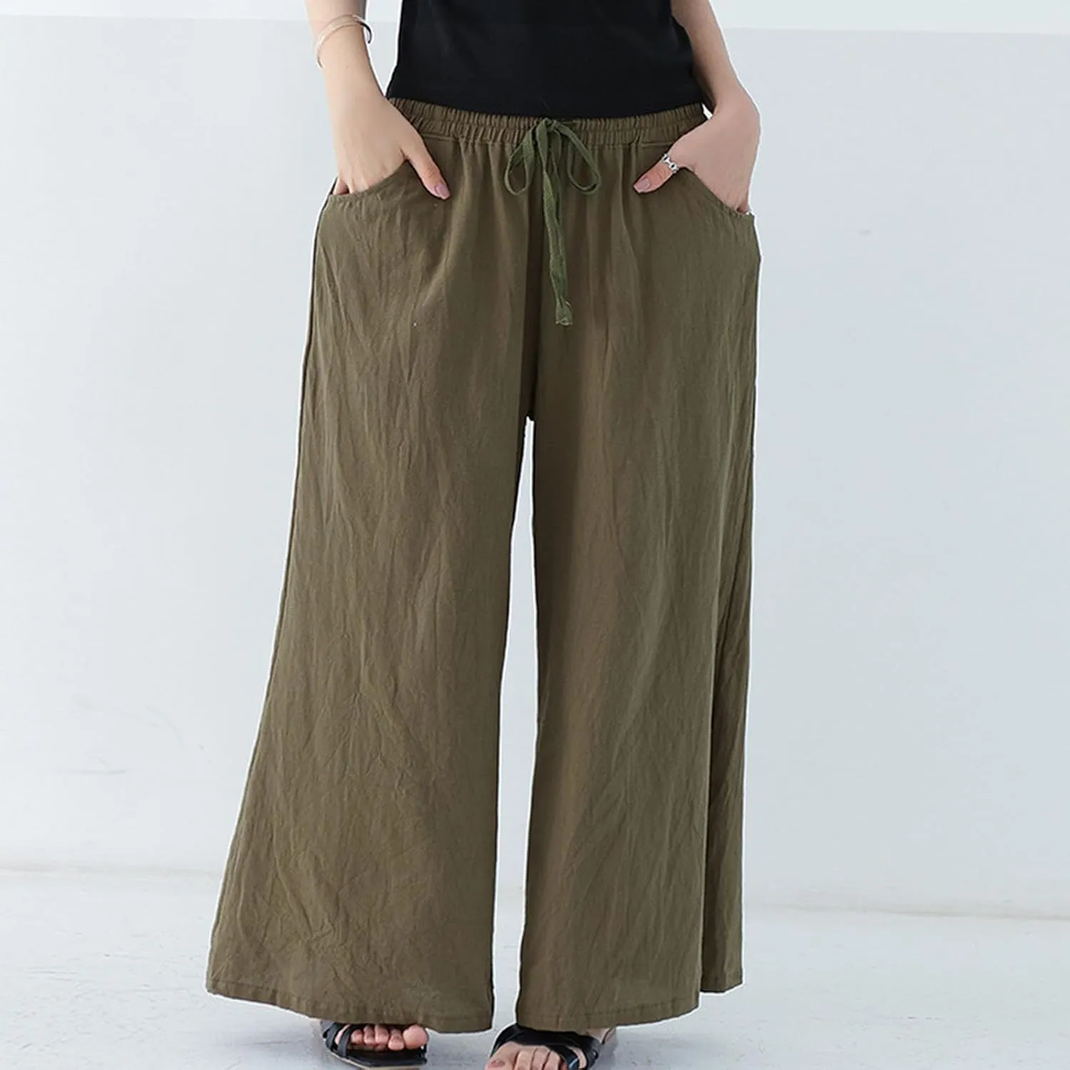FZYLQY Women Drawstring Summer Linen Palazzo Pants Boho High Waisted Wide Leg Casual Long Lounge Pant Trousers with Pockets