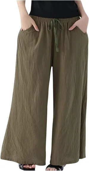 FZYLQY Women Drawstring Summer Linen Palazzo Pants Boho High Waisted Wide Leg Casual Long Lounge Pant Trousers with Pockets