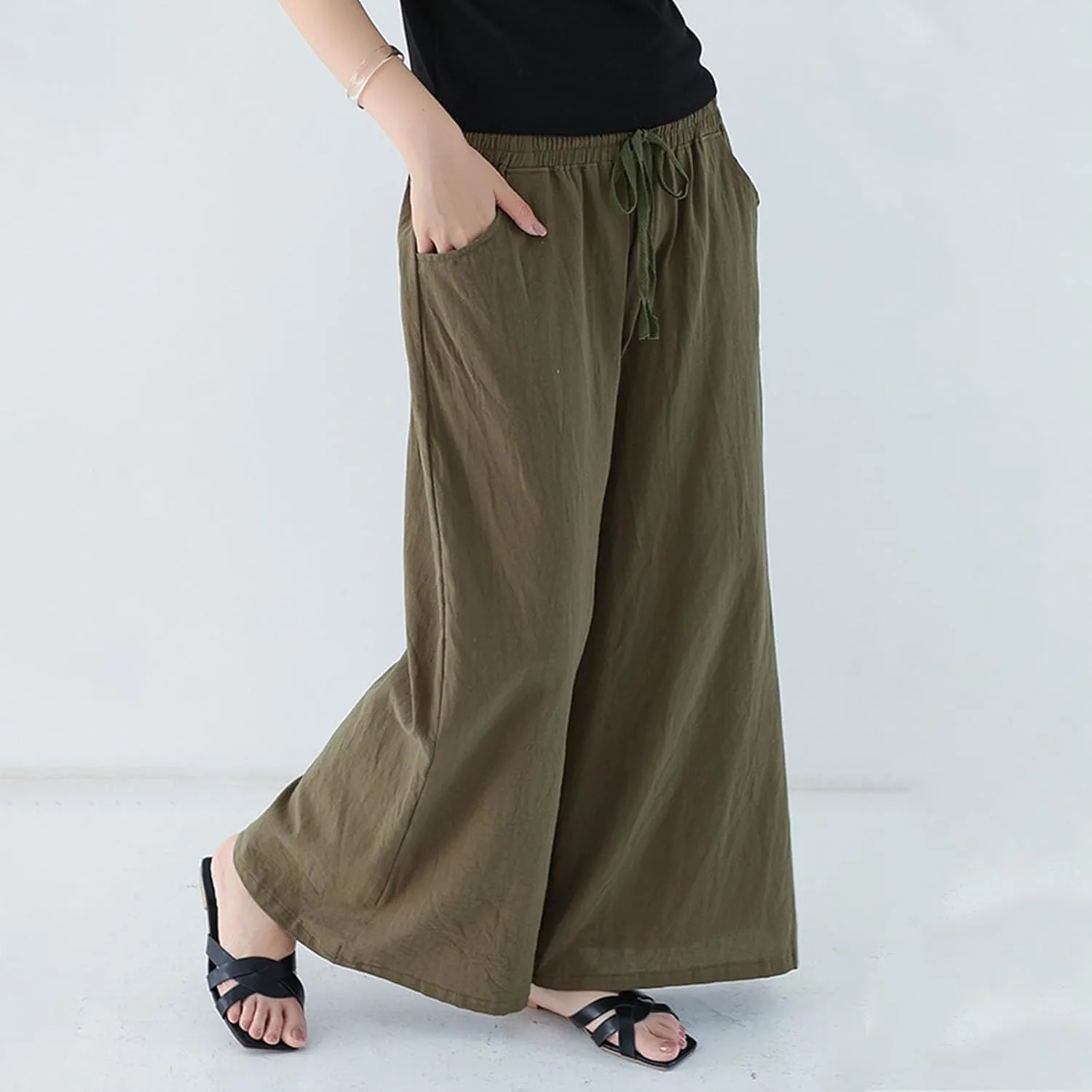 FZYLQY Women Drawstring Summer Linen Palazzo Pants Boho High Waisted Wide Leg Casual Long Lounge Pant Trousers with Pockets