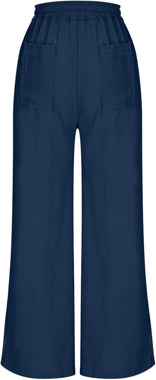 FZYLQY Women's Cotton Linen Pants Straight Leg Elastic Drawstring Casual Trousers with Pockets Summer Beach Lounge Pants