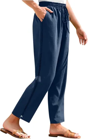 FZYLQY Women's Cotton Linen Pants Straight Leg Elastic Drawstring Casual Trousers with Pockets Summer Beach Lounge Pants