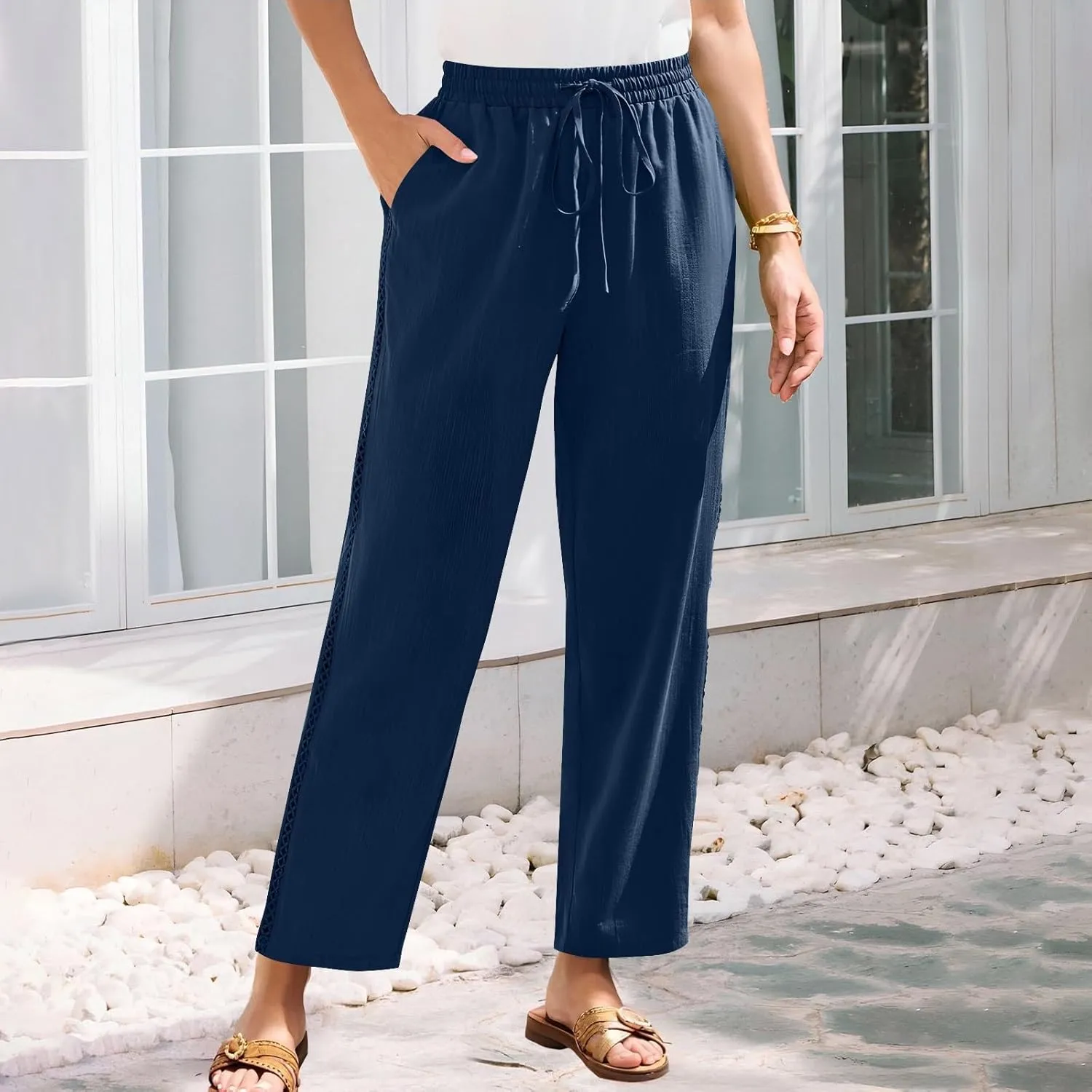 FZYLQY Women's Cotton Linen Pants Straight Leg Elastic Drawstring Casual Trousers with Pockets Summer Beach Lounge Pants
